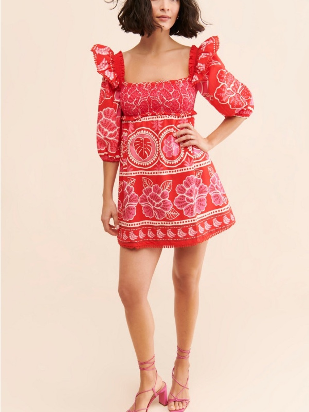 Farm Rio Red Floral Smocked Mini Dress - Picture 4 of 9